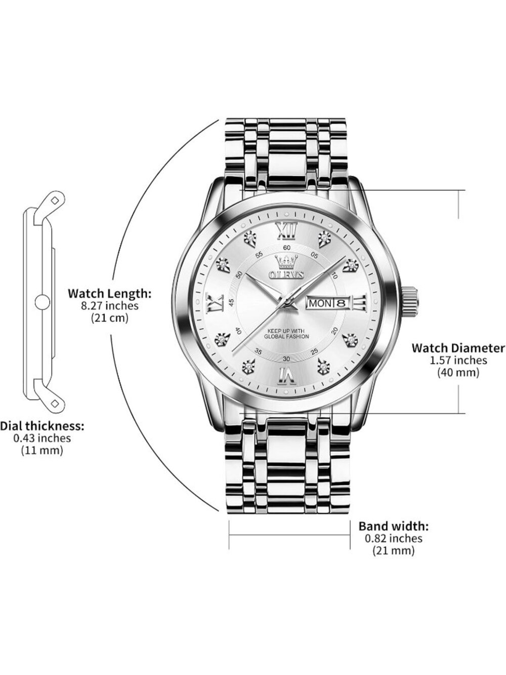 Mens Silver White Stainless Steel Waterproof Roman Numbers Diamond Classic Watch - Picture 5 of 5